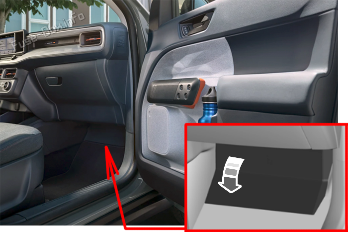 The location of the fuses in the passenger compartment: Ford Maverick (2021, 2022-...)