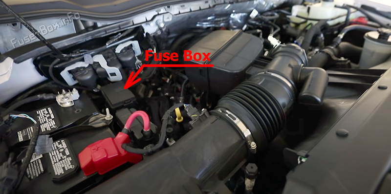 The location of the fuses in the engine compartment: Ford Super Duty (2020, 2021, 2022)