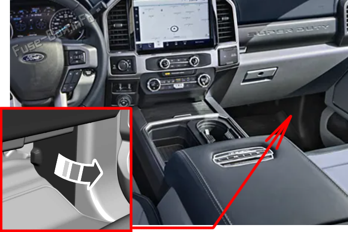 The location of the fuses in the passenger compartment: Ford Super Duty (2020, 2021, 2022)