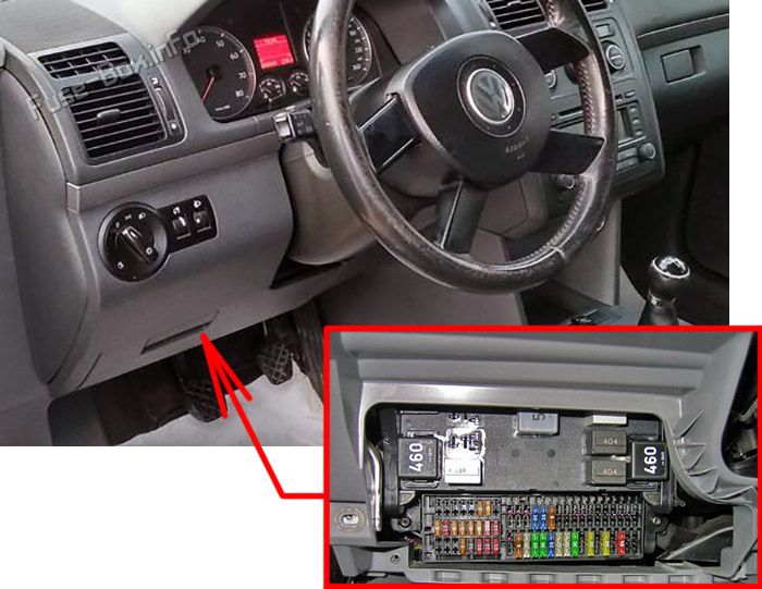 The location of the fuses in the passenger compartment: Volkswagen Touran (2003, 2004, 2005, 2006)