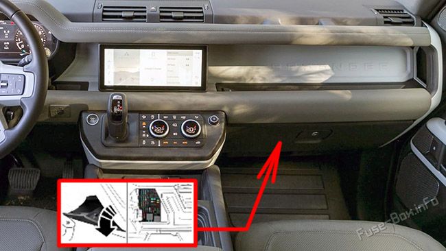 The location of the fuses in the passenger compartment: Land Rover Defender (2020-2023)