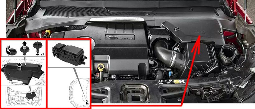 The location of the fuses in the engine compartment: Land Rover Discovery Sport (2020-2023)