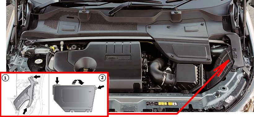 The location of the fuses in the engine compartment: Land Rover Discovery Sport (2015-2019)