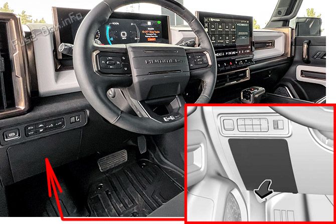 Location of the fuses in the passenger compartment (left): GMC Hummer EV (2022, 2023..)