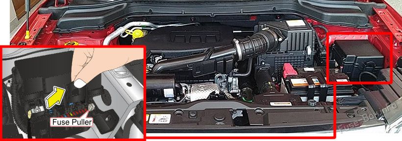 Location of the fuses in the engine compartment: Mahindra XUV300 (2019, 2020)