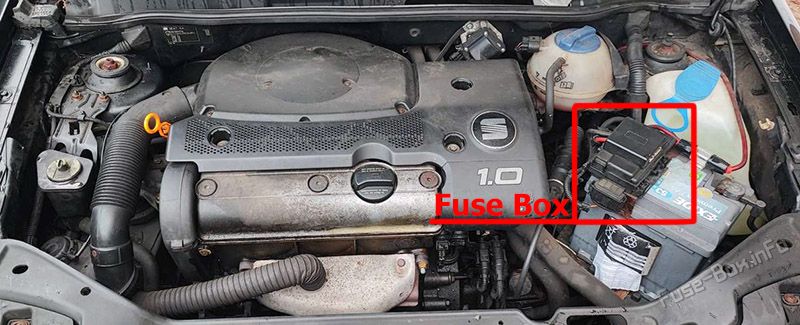 The location of the fuses in the engine compartment: SEAT Arosa (2000-2004)