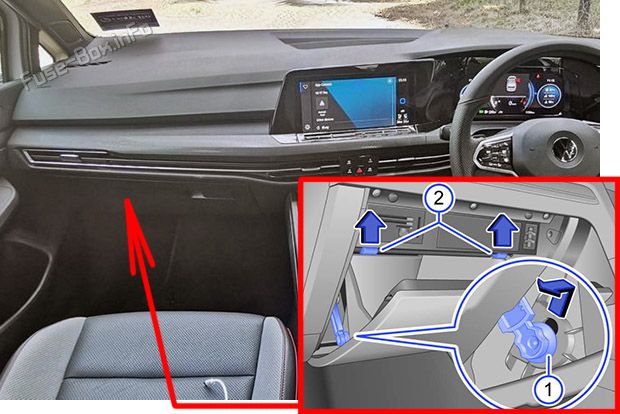 The location of the fuses in the passenger compartment (RHD): Volkswagen Golf VIII (2020, 2021, 2022..)