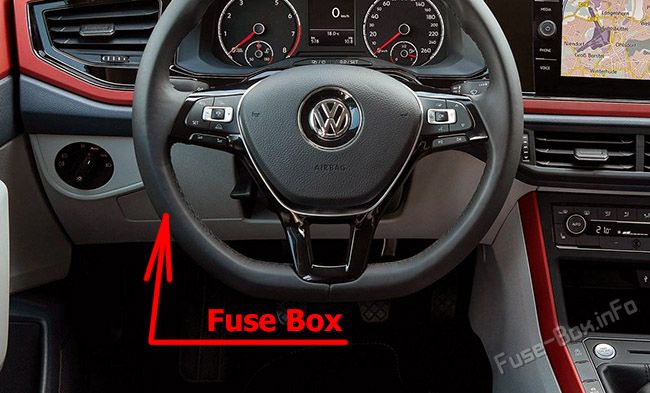 The location of the fuses in the passenger compartment: Volkswagen Polo (2018-2022)