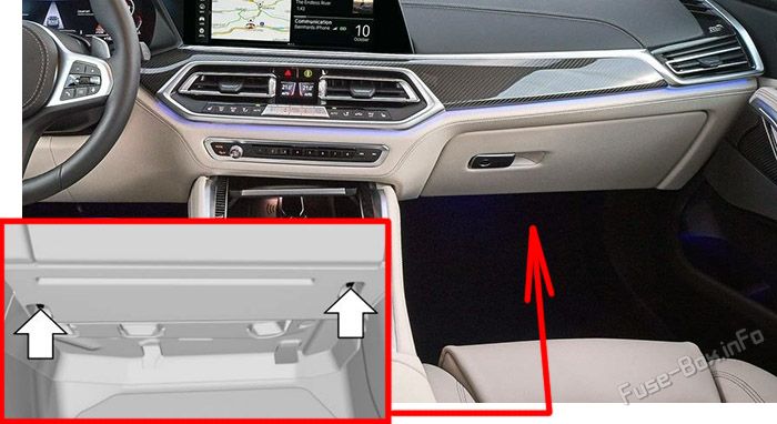 Location of the fuses in the passenger compartment: BMW X6 (2020, 2021, 2022, 2023)