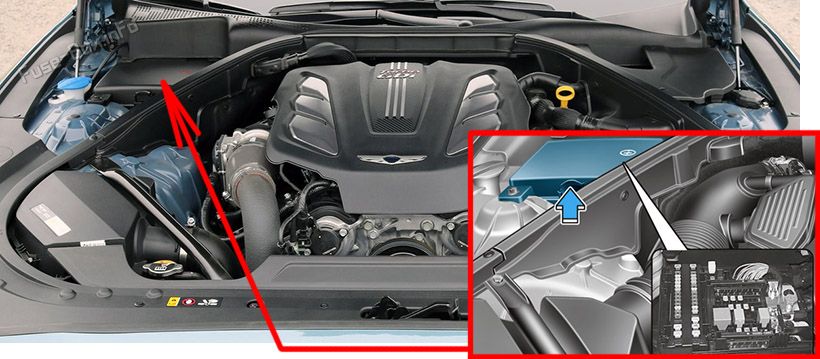 Location of the fuses in the engine compartment: Genesis G80 (2017, 2018, 2019, 2020)
