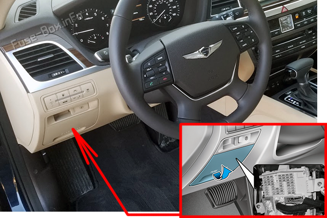Location of the fuses in the passenger compartment: Genesis G80 (2017, 2018, 2019, 2020)