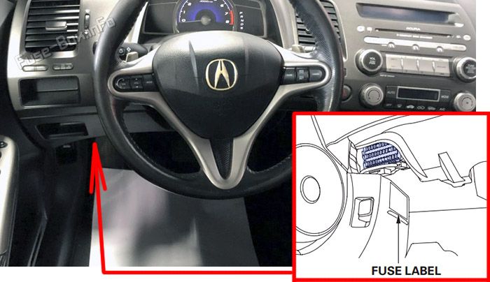 Location of the fuses in the passenger compartment: Acura CSX (2006, 2007, 2008, 2009)