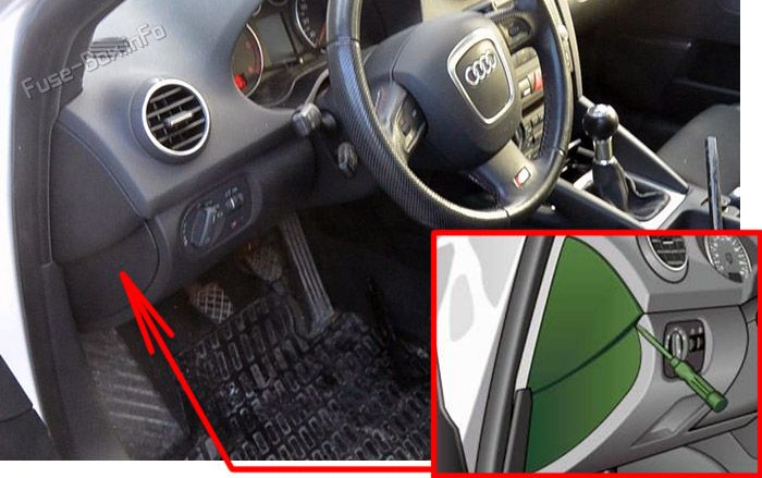 Location of the fuses in the passenger compartment: Audi A3 (2004, 2005, 2006, 2007)