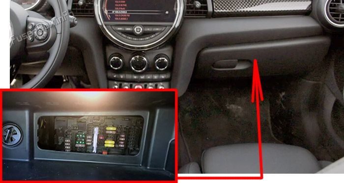 Location of the fuses in the passenger compartment: MINI Cooper / One / JCW (2014-2019)