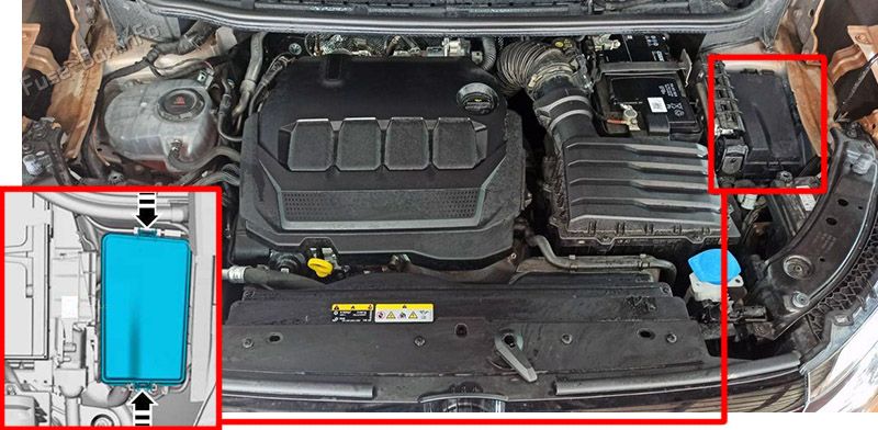 Location of the fuses in the engine compartment: Volkswagen Caddy (2020-2023)