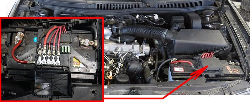 Location of the fuses in the engine compartment: Volkswagen Jetta (1999-2005)