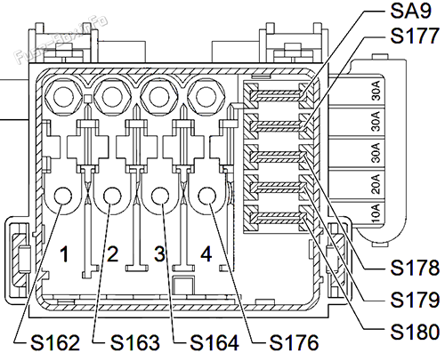 Under-hood fuse box diagram: Volkswagen Polo (1999, 2000, 2001, 2002)