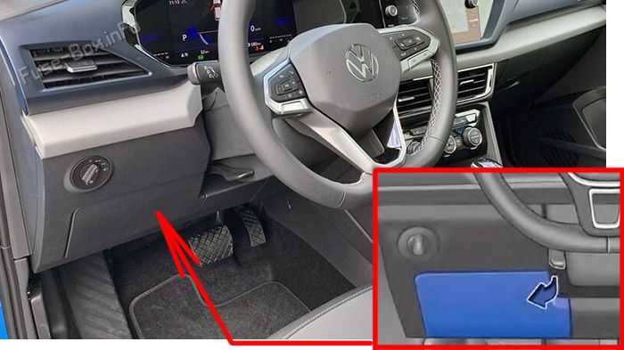 Location of the fuses in the passenger compartment: Volkswagen Taos (2020, 2021, 2022, 2023)