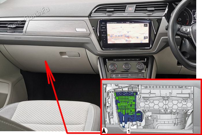 Location of the fuses in the passenger compartment (RHD): Volkswagen Touran (2015-2020)