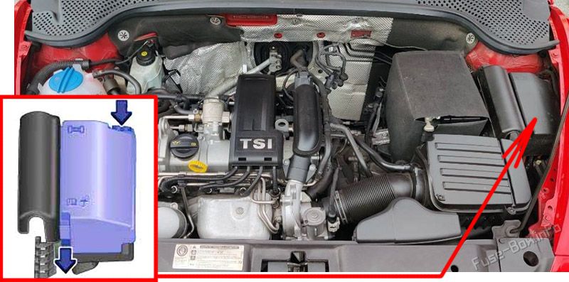 Location of the fuses in the engine compartment: Volkswagen Beetle A5 (2011-2019)