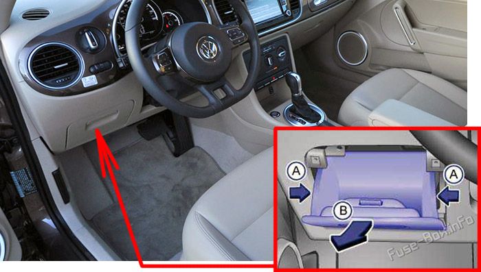 Location of the fuses in the passenger compartment: Volkswagen Beetle A5 (2011-2019)