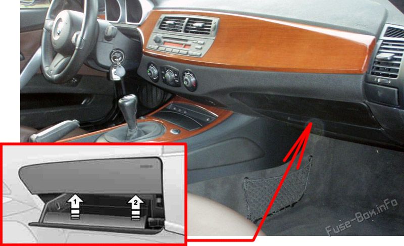 Location of the fuses in the passenger compartment: BMW Z4 (2002-2008)
