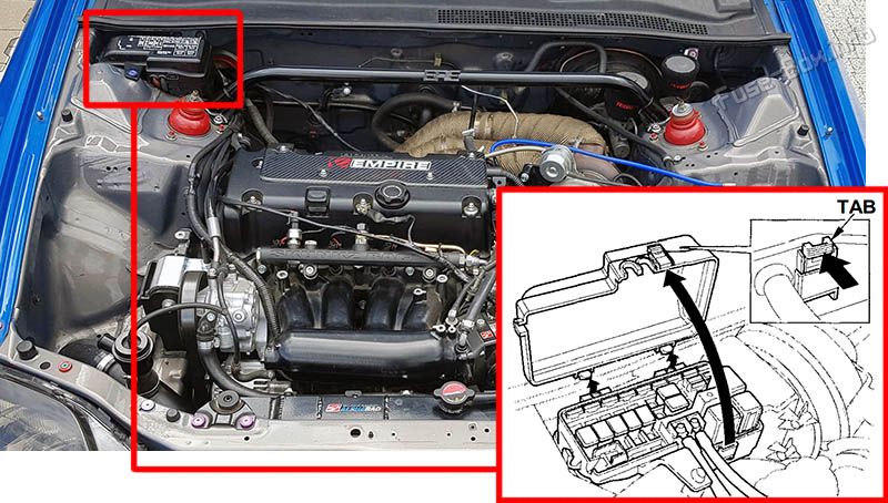 Location of the fuses in the engine compartment: Honda Prelude (1996-2001)