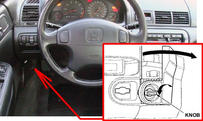 Location of the fuses in the passenger compartment: Honda Prelude (1996-2001)