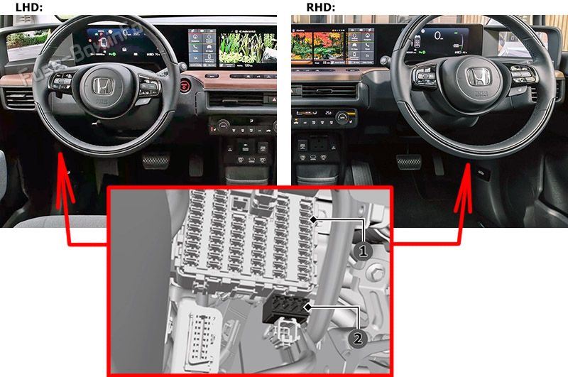Location of the fuses in the passenger compartment: Honda e (2020-2023)