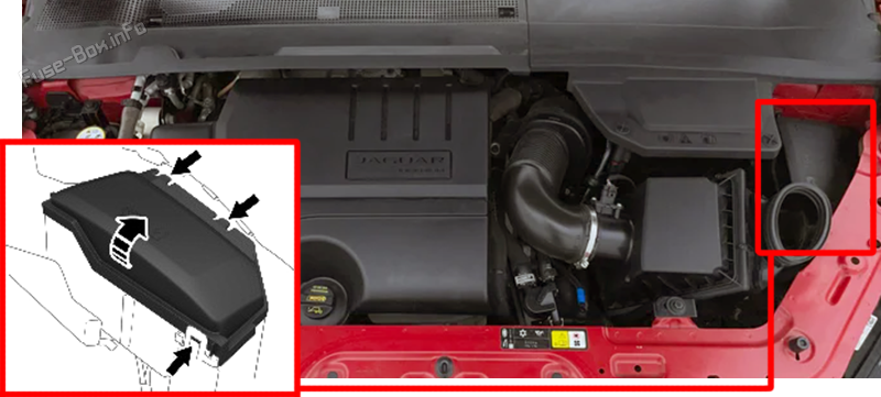 Location of the fuses in the engine compartment: Jaguar E-Pace (2017-2023)