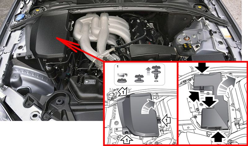 Location of the fuses in the engine compartment: Jaguar XF (2008-2015)