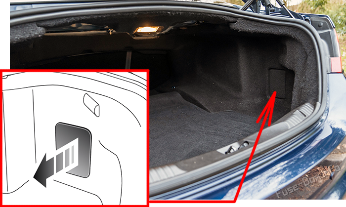 Location of the fuses in the trunk: Jaguar XF (2008-2015)