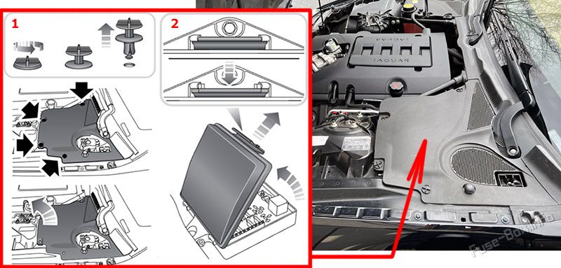 Location of the fuses in the engine compartment: Jaguar XK (2006-2014)