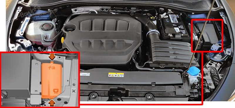 Location of the fuses in the engine compartment: SEAT Leon (2021, 2022, 2023)