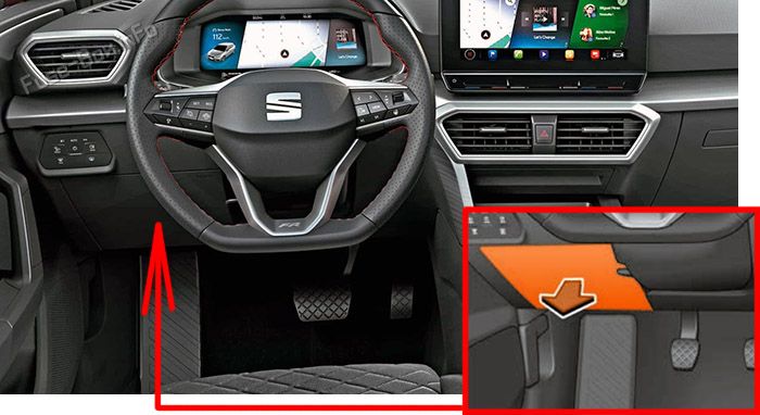 Location of the fuses in the passenger compartment: SEAT Leon (2021, 2022, 2023)