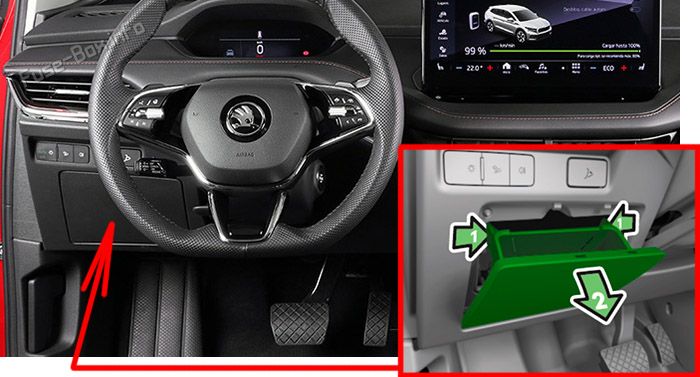 Location of the fuses in the passenger compartment (LHD): Skoda Enyaq iV (2020-2023)