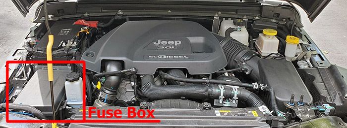 The location of the fuses in the engine compartment (diesel): Jeep Gladiator (2020-...)
