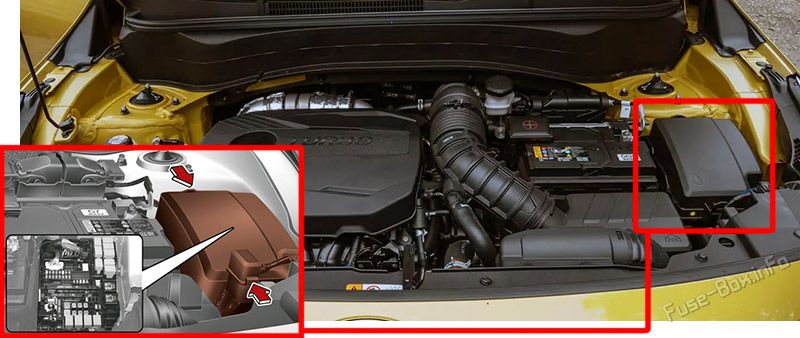 Location of the fuses in the engine compartment: KIA Seltos (2019-2023)