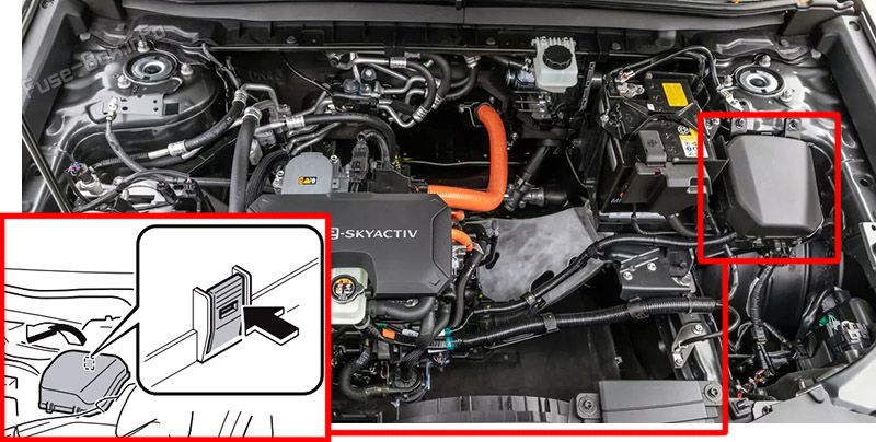 Location of the fuses in the front compartment: Mazda MX-30 (2021-2023)