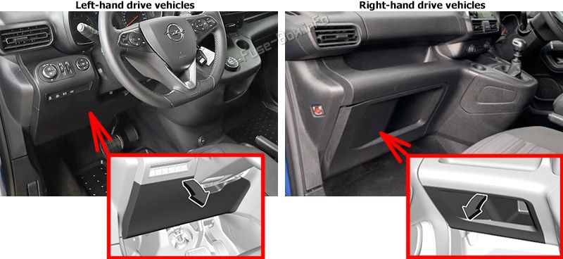 Location of the fuses in the passenger compartment: Opel Combo E (2019, 2020, 2021, 2022)
