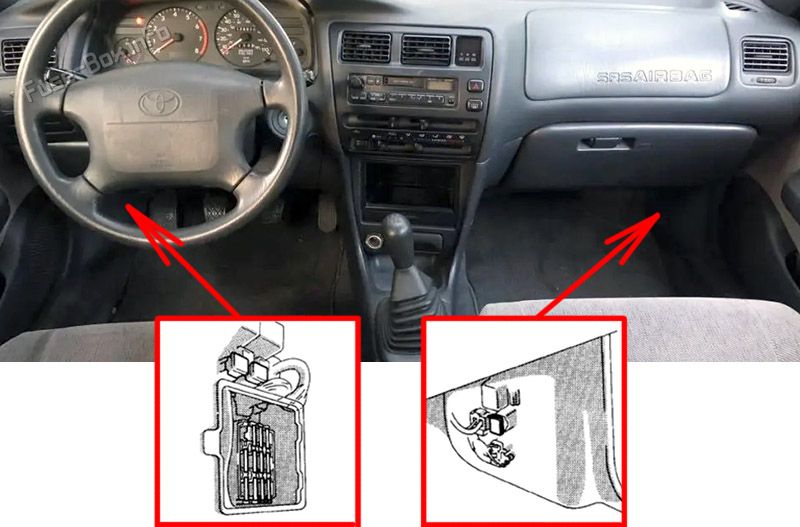 Location of the fuses in the passenger compartment: Toyota Corolla (1993-1997)