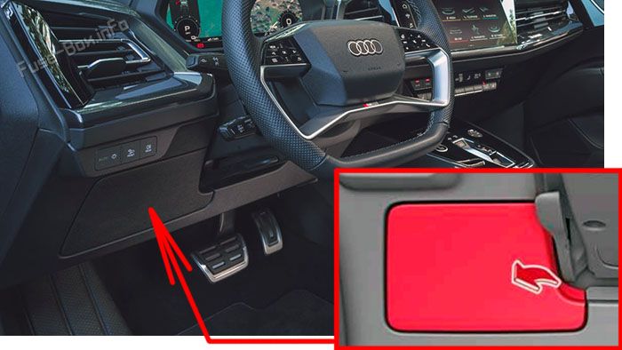 Location of the fuses in the passenger compartment (LHD): Audi Q4 e-tron (2022, 2023)