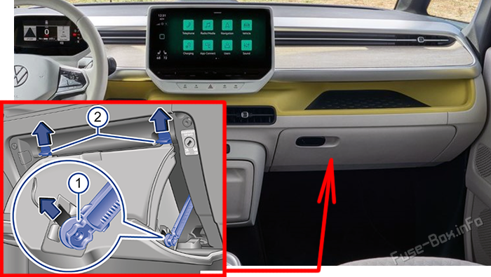 Location of the fuses in the passenger compartment (LHD): Volkswagen ID. Buzz (2022, 2023)