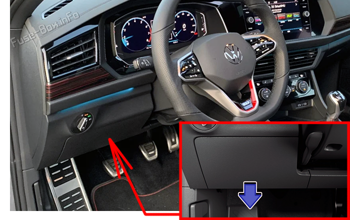 Location of the fuses in the passenger compartment: Volkswagen Jetta (2022, 2023)