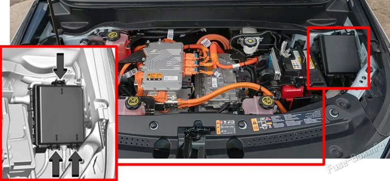 Location of the fuses in the engine compartment: Chevrolet Bolt EUV (2022-2023)