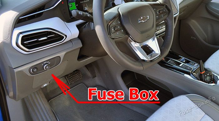 Location of the fuses in the passenger compartment: Chevrolet Bolt EUV (2022-2023)