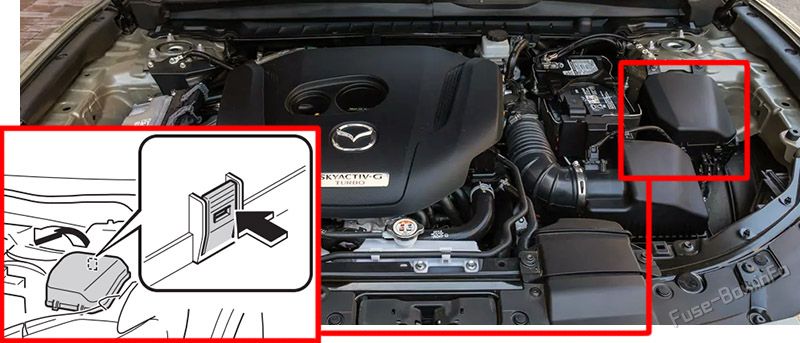 Location of the fuses in the engine compartment: Mazda CX-50 (2023-2024)