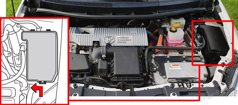 Location of the fuses in the engine compartment: Toyota Auris Hybrid (2010, 2011, 2012)