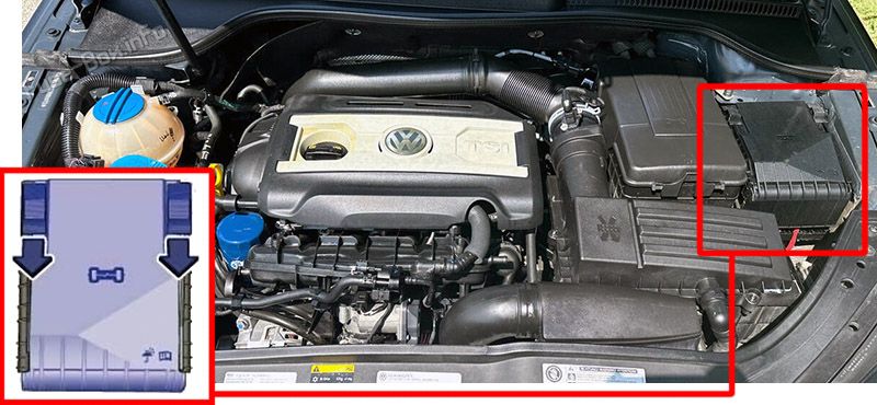 Location of the fuses in the engine compartment: Volkswagen Eos (2006-2011)