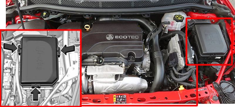 Location of the fuses in the engine compartment: Holden Astra (BK; 2017-2020)